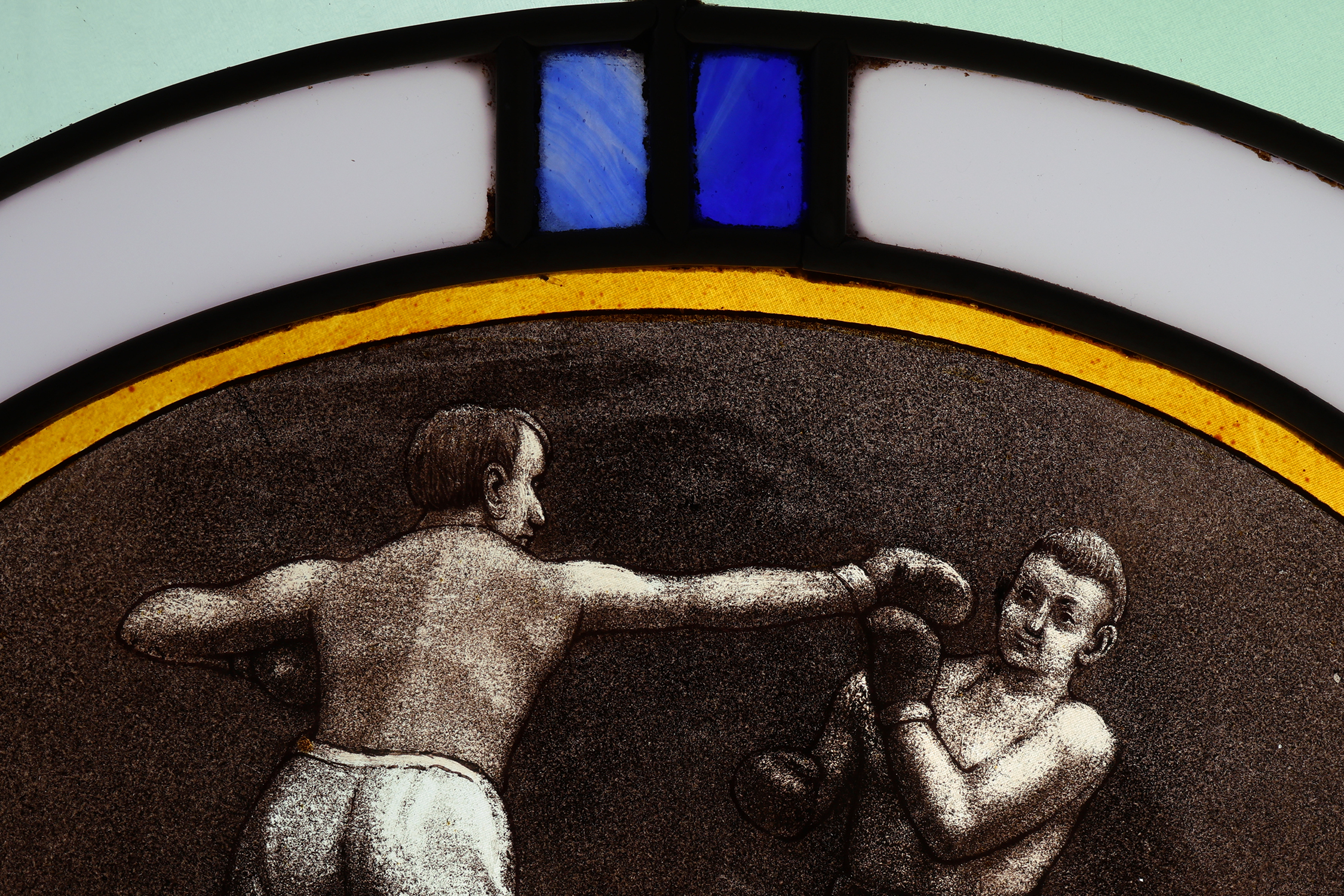 Art Deco Stained Glass Panel Depicting a Boxing Match, Belgium ca. 1910thumbnail